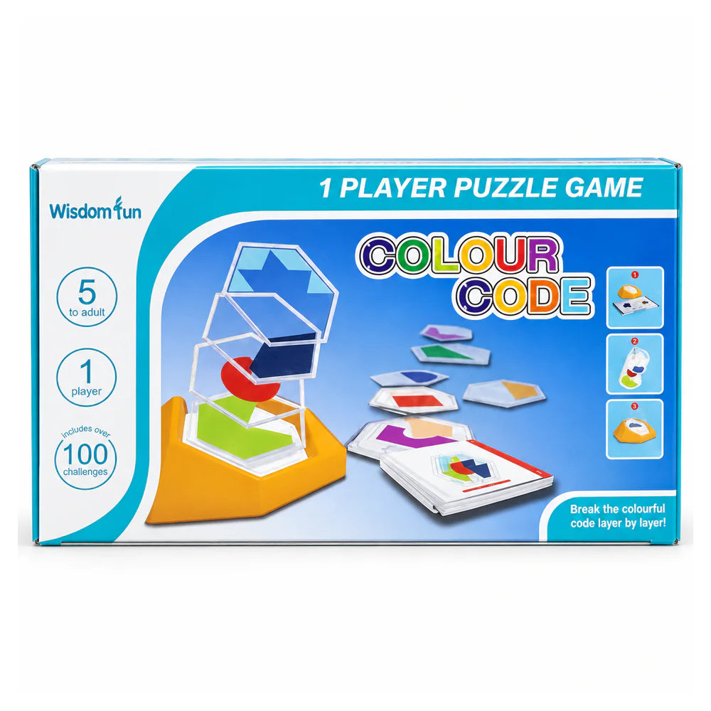 علبة Colour Code: لعبة بازل للاعب واحد لسن 5+ فيها 100 تحدي، وعليها قطع أشكال ملونة متراصة في القاعدة البرتقاني