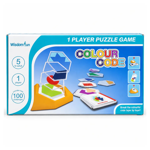 علبة Colour Code: لعبة بازل للاعب واحد لسن 5+ فيها 100 تحدي، وعليها قطع أشكال ملونة متراصة في القاعدة البرتقاني