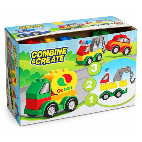 علبة مكعبات Combine & Create عليها عربيات من مكعبات كبيرة: عربية بنزين وونش وعربية صغيرة