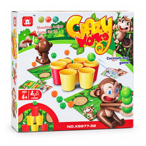 علبة لعبة Crazy Monkeys لسن 4+، للاعبين اتنين، عليها قرود بتقذف كور جوز الهند في الأكواب