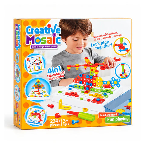 علبة طقم المسامير Creative Mosaic 4 في 1، أكتر من 234 قطعة، لسن 3+، عليها ولد بيبني على لوحة الخروم، و36 تصميم في الكتالوج