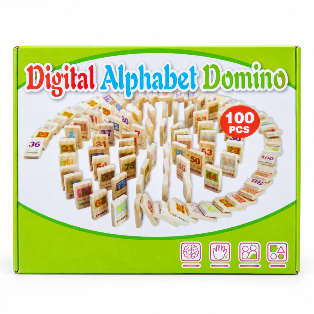 Digital Alphabet Domino box, 100 pieces, showing the wooden number dominoes spread out inside