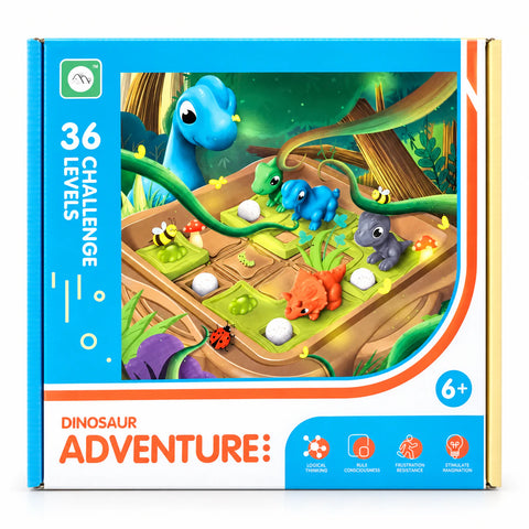 علبة Dinosaur Adventure عليها الديناصورات على لوحة المسارات في الغابة، و36 مستوى تحدي، وعلامة السن 6+