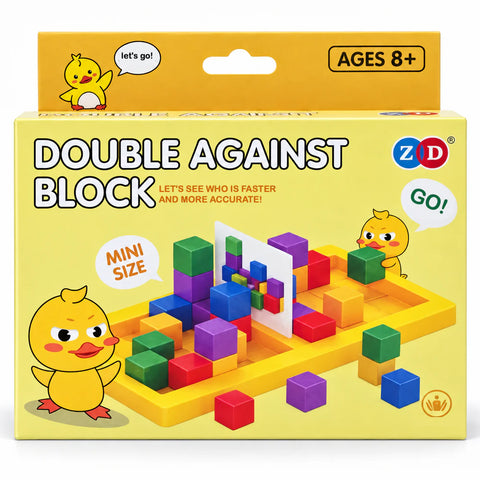 Double Against Block duck edition box with coloured cubes on the yellow tray and a cartoon duck, marked Ages 8+