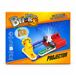 علبة Electronic Bricks Projector عليها الدايرة وهي بتعرض صورة أسد وبتنوّر لمبة ألياف ضوئية