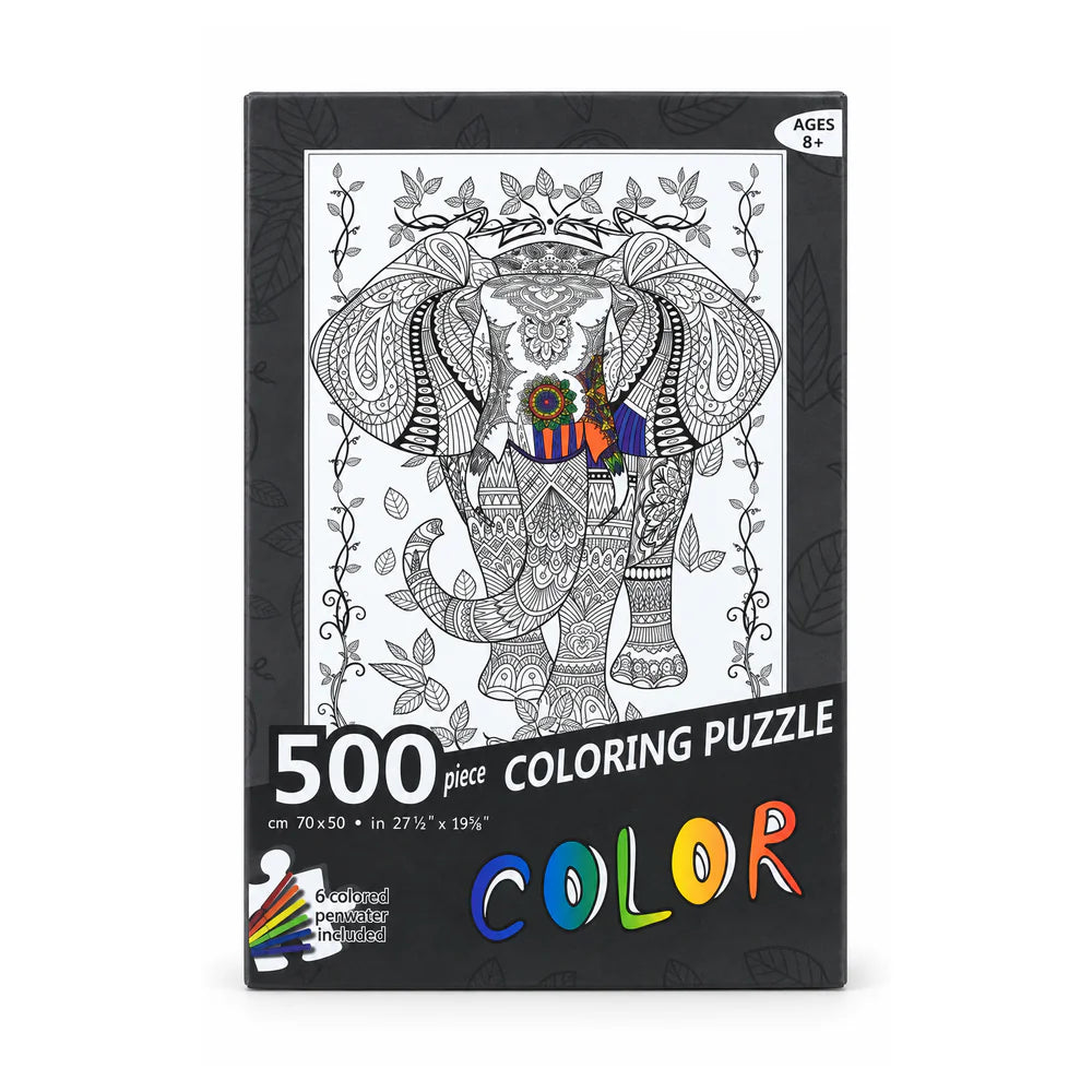 علبة بازل تلوين الفيل 500 قطعة، عليها رسمة فيل أبيض وأسود وكلمة COLOR، لسن 8+