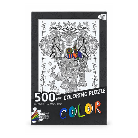 Elephant 500-piece coloring puzzle box with black-and-white elephant line art and COLOR lettering, ages 8+