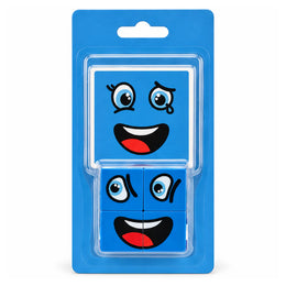 Blue face-change cube set in its blister pack, two blue cubes showing laughing faces with a tear