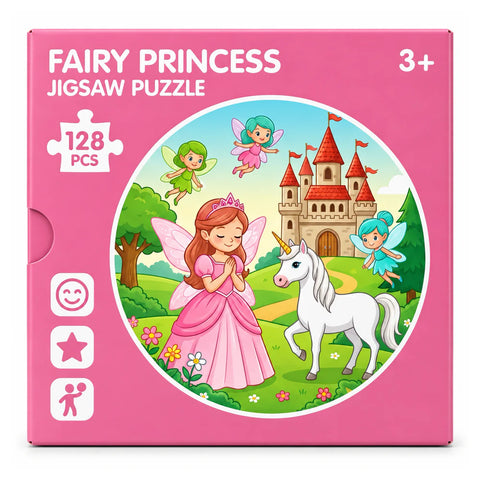 علبة بازل Fairy Princess من 128 قطعة، لسن 3+، عليها أميرة وحصان يونيكورن أبيض وجنيّات قدام قلعة