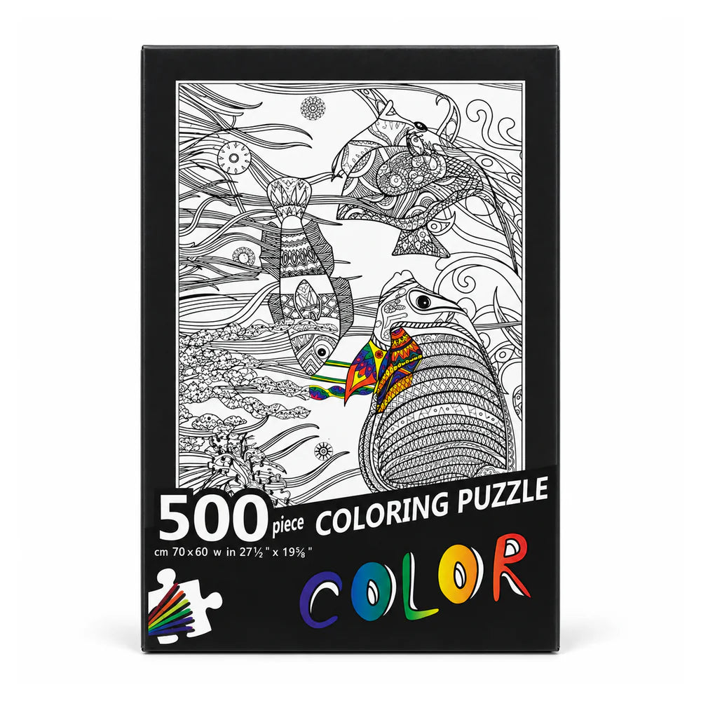 Fish 500-piece coloring puzzle box with black-and-white tropical fish line art and COLOR lettering