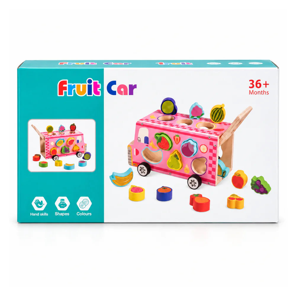 علبة Fruit Car من 36 شهر وطالع، لمهارات الإيد والأشكال والألوان، عليها العربية الخشب وقطع الفاكهة بتاعتها