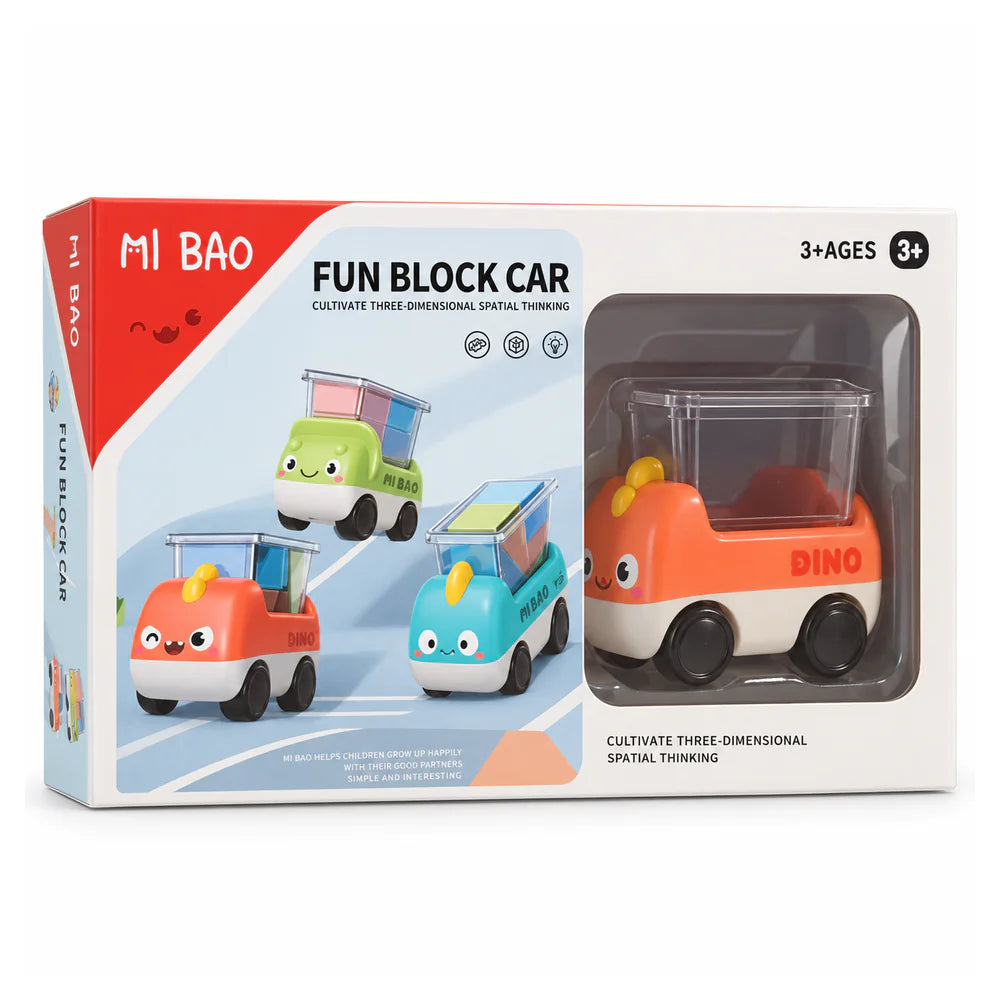 علبة Fun Block Car لسن 3+، عليها تلات عربيات بتتحمّل مكعبات برتقاني وخضرا وزرقا