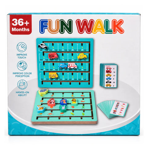 علبة FUN WALK من 36 شهر وطالع، عليها لوحة متاهة الطرق التركواز بعربياتها وكروت التحديات