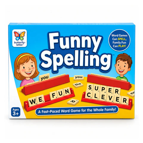 علبة لعبة الكلمات Funny Spelling لسن 3+، لعبة كلمات سريعة لكل العيلة، عليها حروف على حوامل حمرا