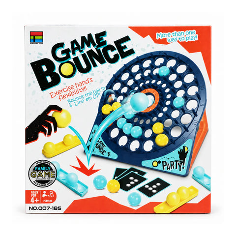علبة Game Bounce عليها إيد بتنطط الكور في اللوحة المدورة وكروت أنماط، سن 4+
