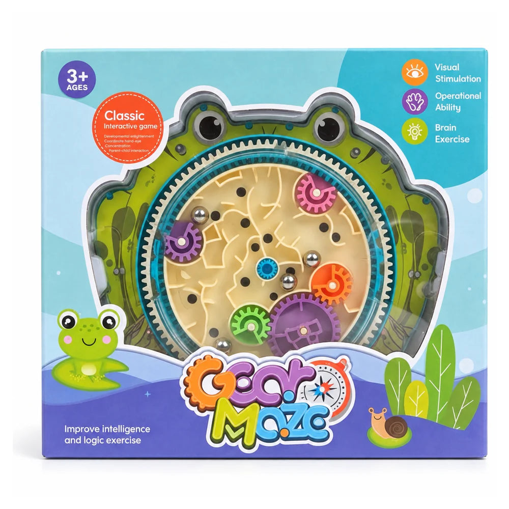 Gear Maze box, ages 3+: a frog-shaped maze board of coloured gears and steel balls with a cartoon frog