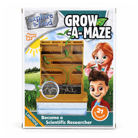 علبة Grow-A-Maze العلمية لسن 8+، عليها نبتة بتطلع جوه المتاهة البني ناحية النور، 21 تجربة