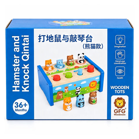 Hamster and Knock Qintai wooden bench box, 36 months and up, showing the blue bench with four animal holes and its mallet