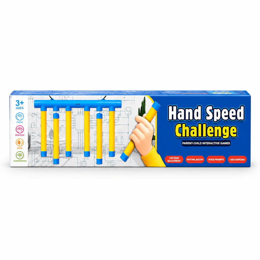 Hand Speed Challenge box, ages 3+, USB charging, showing the light-up frame and its hanging sticks