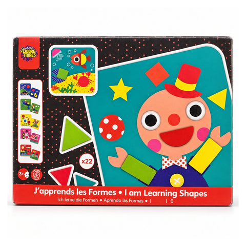 علبة طقم الرسم بالأشكال الهندسية «I am Learning Shapes»، لسن 3+، عليها وش مهرج معمول من أشكال ملونة