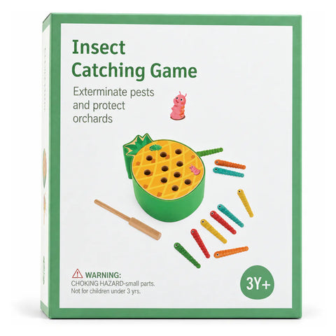 Insect Catching Game box, 3 years and up, showing the pineapple, the wooden catching rod and coloured worms