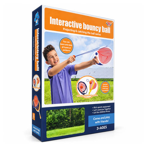 Interactive bouncy ball game box, ages 3+, with a boy launching a ball from a net paddle