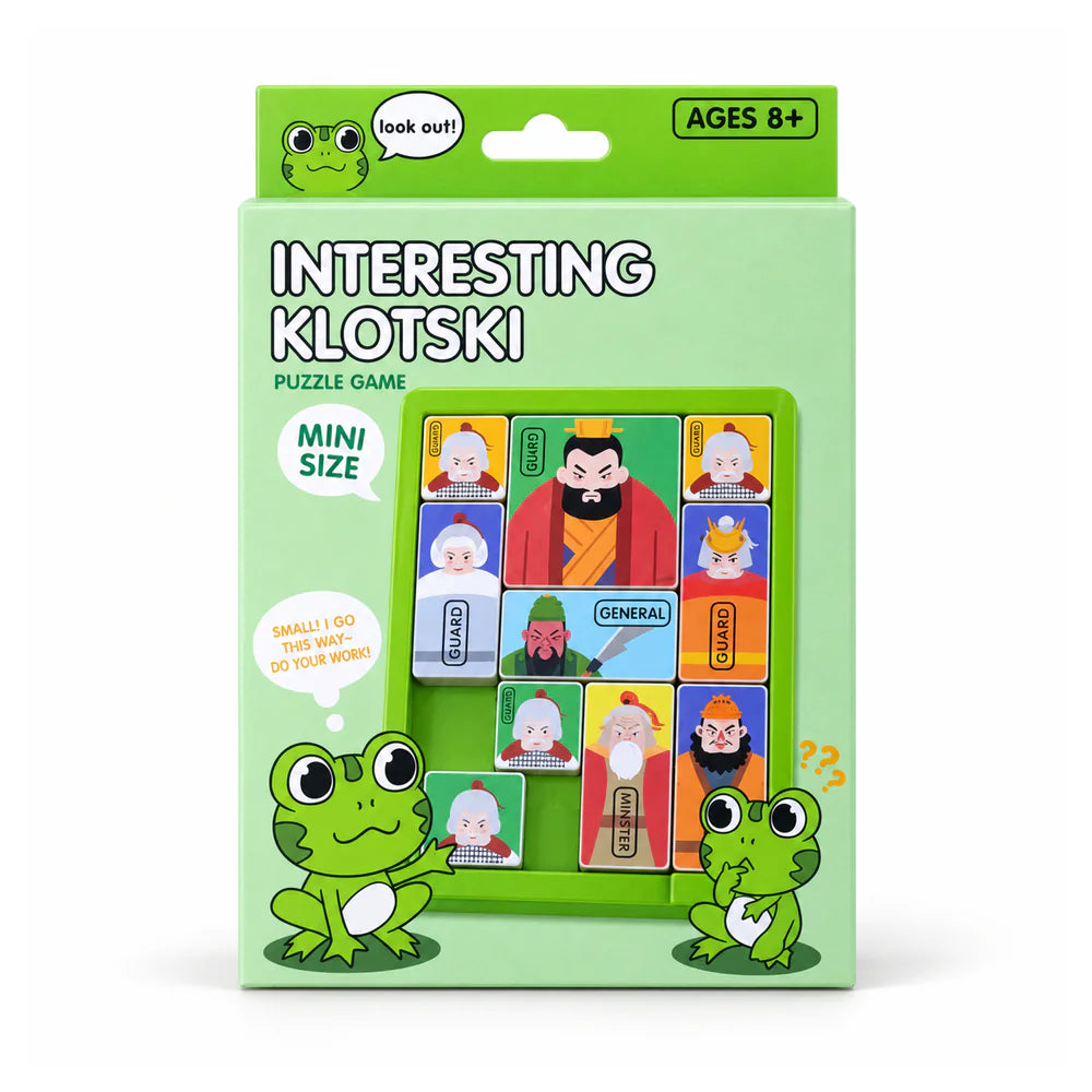 Interesting Klotski green frog edition box, mini size, ages 8+, with the sliding block puzzle and cartoon frogs