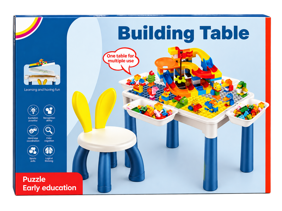 Building Table with building blocks, curved track pieces, side storage trays and bunny-ear chair — package photo