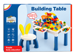 Building Table with building blocks, curved track pieces, side storage trays and bunny-ear chair — package photo