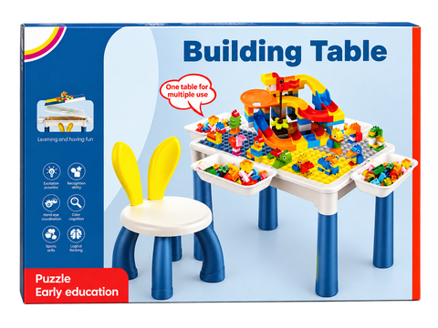 Building Table with building blocks, curved track pieces, side storage trays and bunny-ear chair — package photo