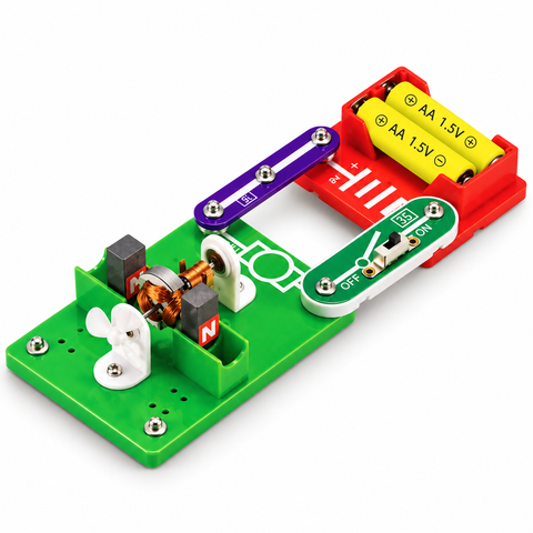DIY DC motor science kit with copper coil, magnets, white spinning fan, battery holder and switch