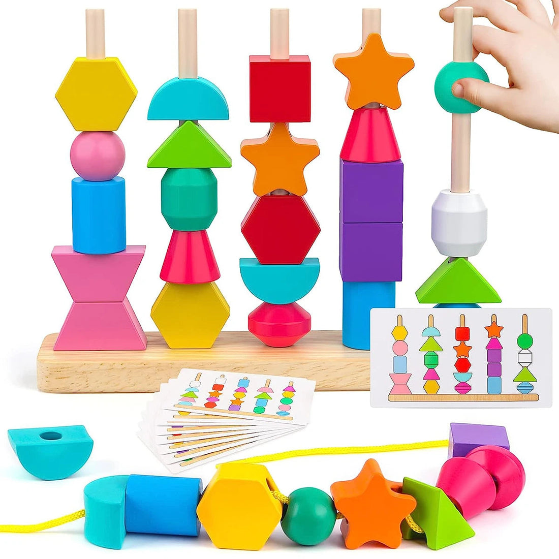 5-pillar wooden shape stacking sorting threading toy with colorful geometric pieces and cards