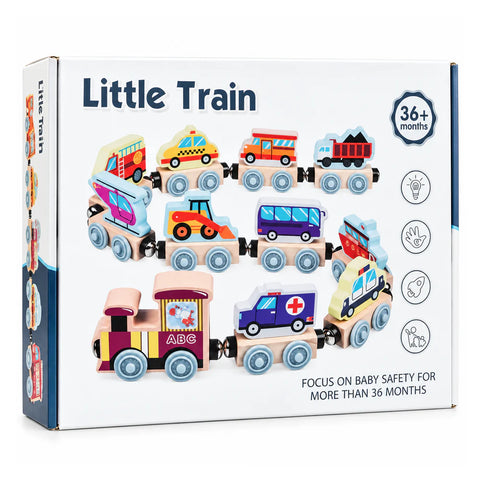 علبة Little Train من 36 شهر وطالع، عليها عربيات إنقاذ خشب — مطافي وإسعاف وعربية بوليس وهليكوبتر — متوصلين في قطر