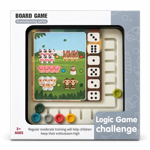 علبة لعبة Logic Game Challenge من سلسلة Brainstorming، لسن 3+، فيها لوحة الأنماط وحلقاتها الملونة والنرد ورا شباك