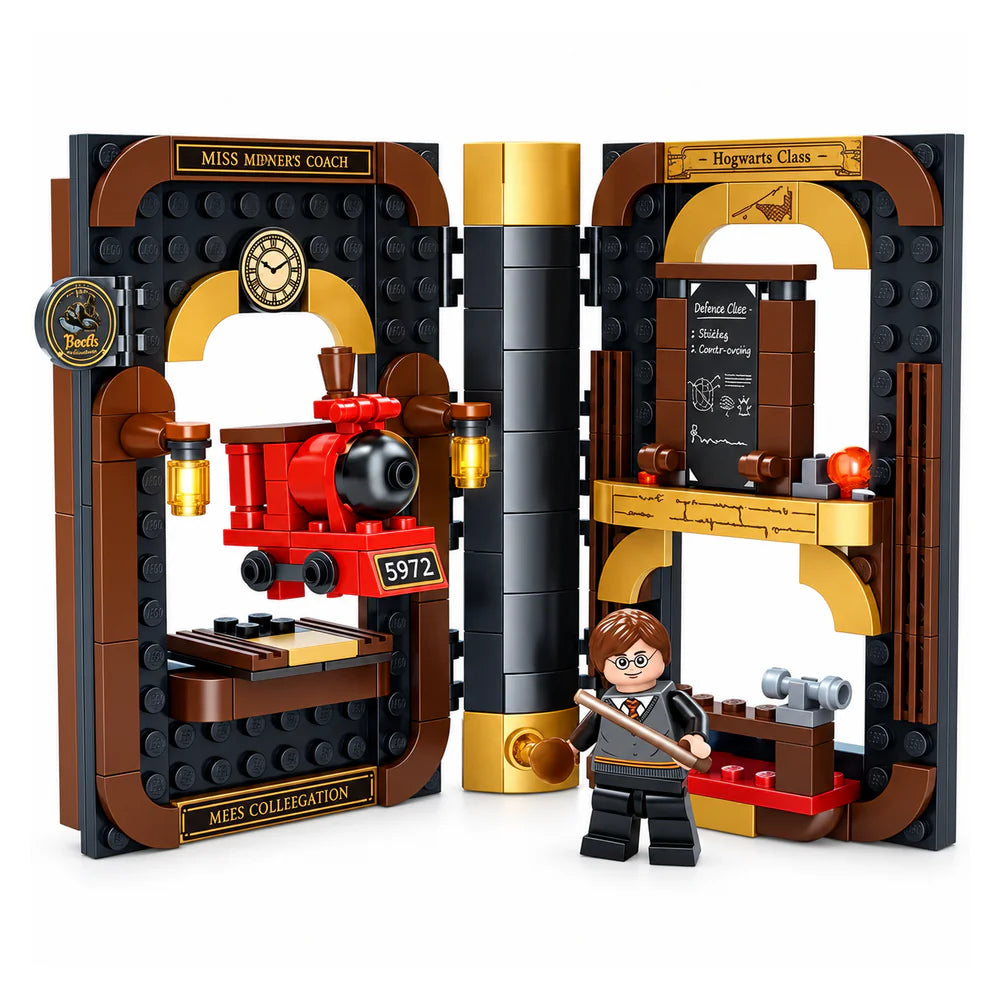 Magic Academy Magic Train book-shaped set opened out, with the red steam engine and station clock on one side, a classroom blackboard on the other and a minifigure with a wand