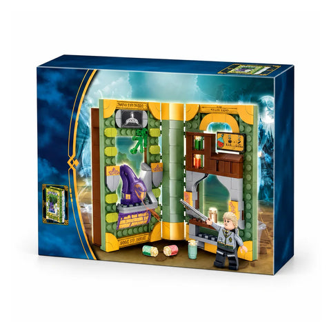علبة طقم بناء Magic Academy أوضة الجرعات، عليها الطقم الأخضر اللي على شكل كتاب مفتوح على أوضة الجرعات