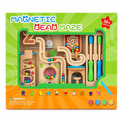 Magnetic Bead Maze box, 36 months and up, showing the wooden maze board with coloured beads and two magnetic pens