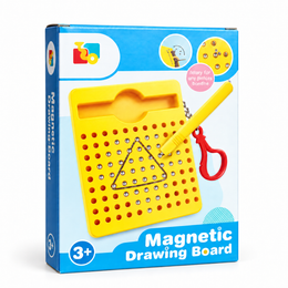 Magnetic Drawing Board box showing a yellow board with a triangle drawn in raised beads and the pen