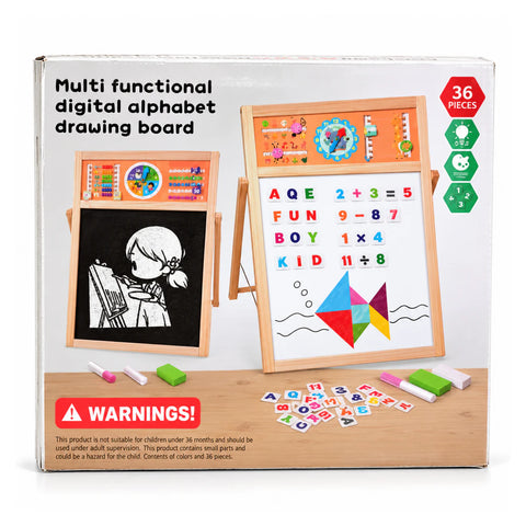 Multi functional digital alphabet drawing board box, for children over 36 months, 36 pieces, showing the double-sided easel