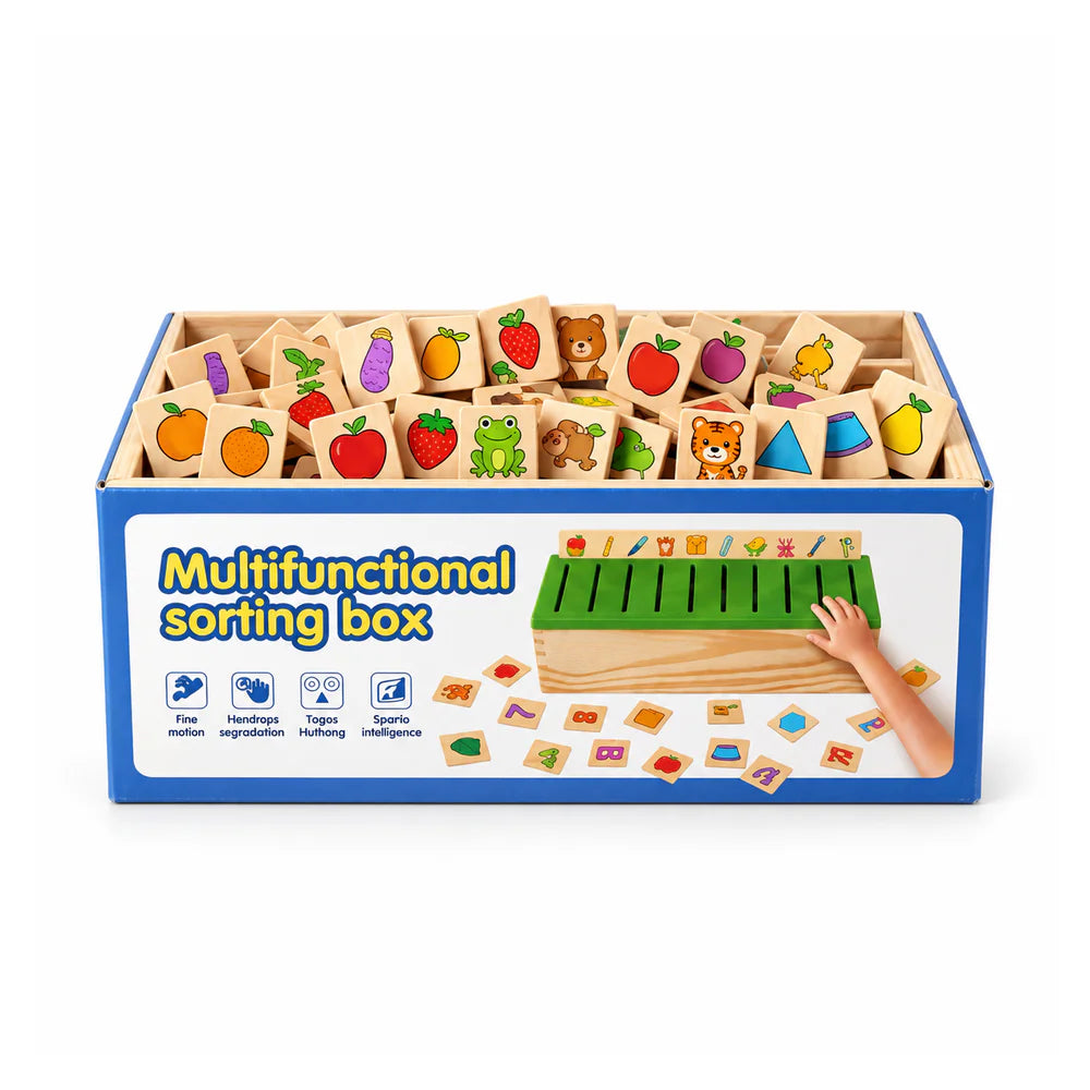 علبة Multifunctional sorting box، عليها الصندوق الخشب وفتحاته وشرايط التصنيف