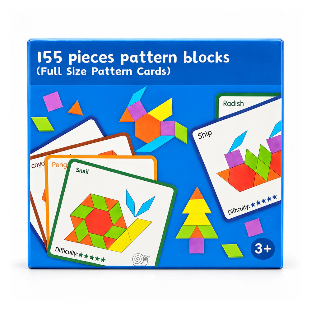 155 pieces pattern blocks box with full-size pattern cards, ages 3+, showing a ship, a snail and a penguin built from shapes