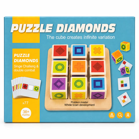 علبة Puzzle Diamonds عليها الصينية الخشب بالتسع مكعبات المنقوشة وكروت التحدي، ومكتوب عليها 36+ شهر