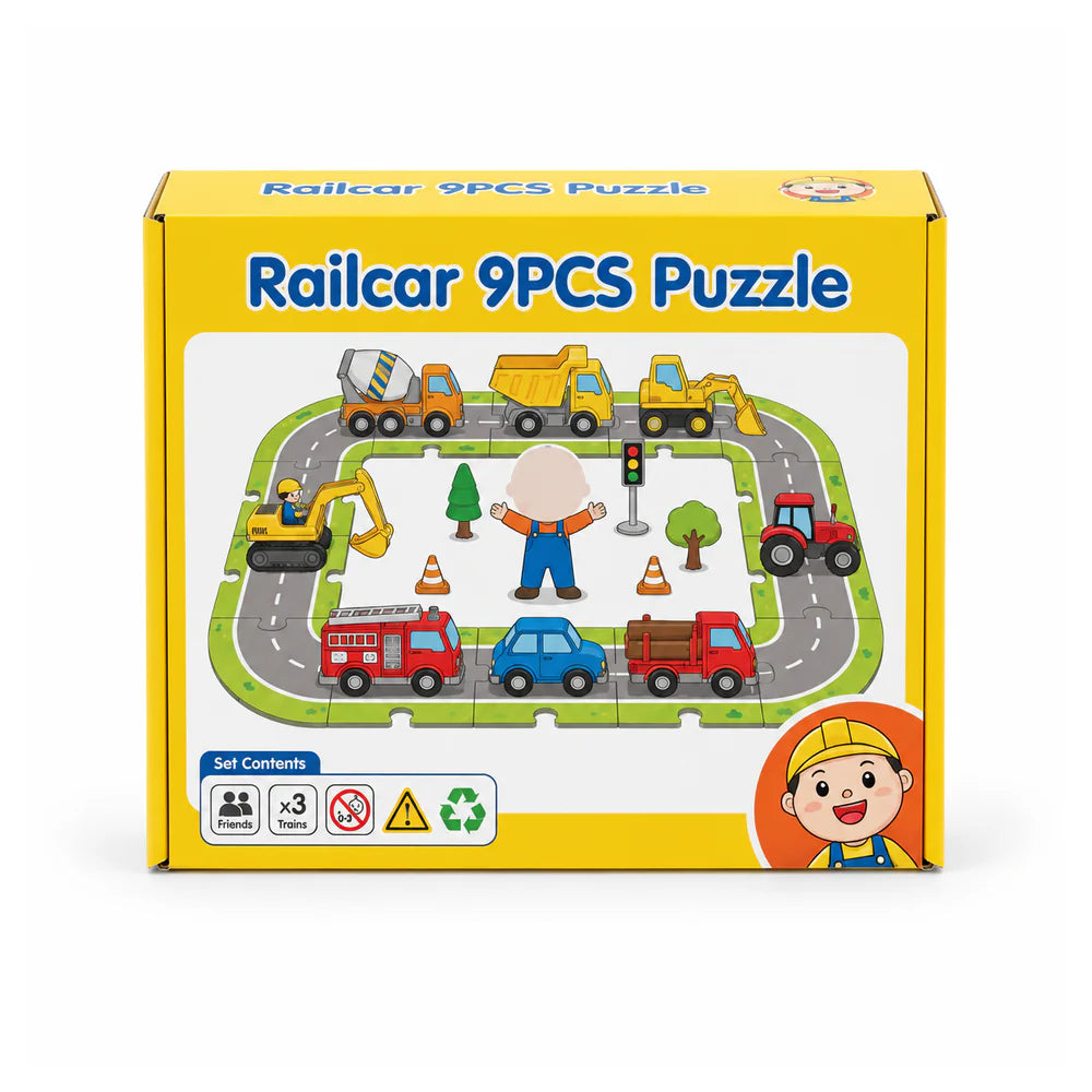 علبة Railcar 9PCS Puzzle عليها بازل طريق بالعربيات والشجر وإشارات المرور