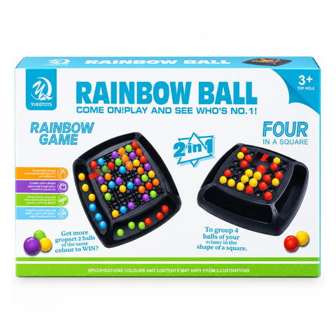 Rainbow Ball 2-in-1 game box, ages 3+, “Come on! Play and see who's No.1!”, with the black board of coloured balls