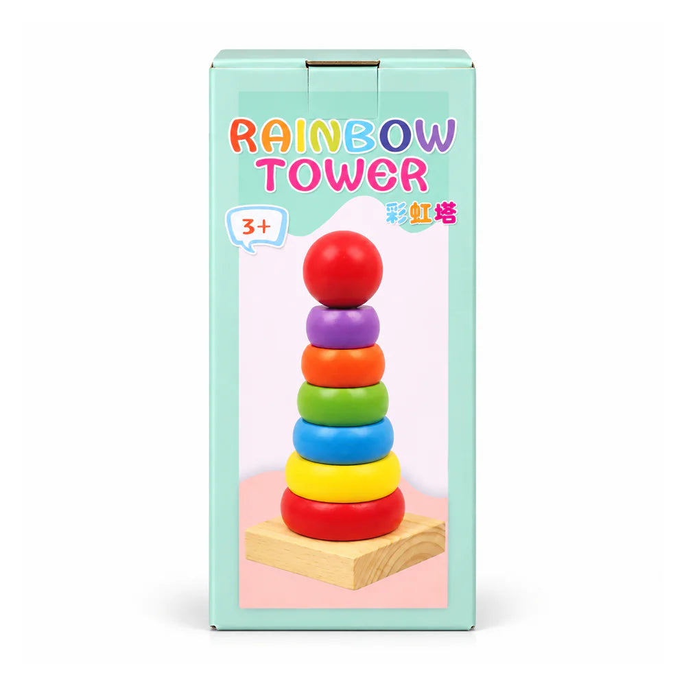 Rainbow Tower box, ages 3+, showing the wooden stacking tower with graduated rings and a red ball on top
