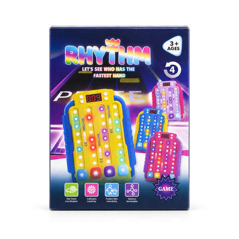 Rhythm handheld reaction game box, ages 3+, “Let's see who has the fastest hand”, with the light-up game in different colours