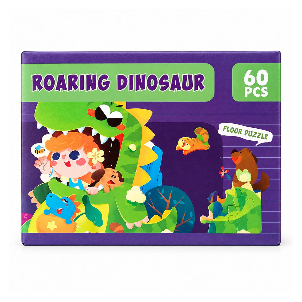Roaring Dinosaur 60-piece floor puzzle box with a cartoon child and dinosaurs