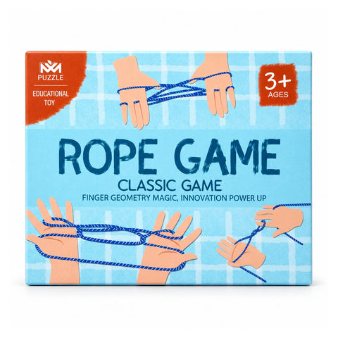 Rope Game classic finger string figures box, ages 3+, with hands making a string pattern