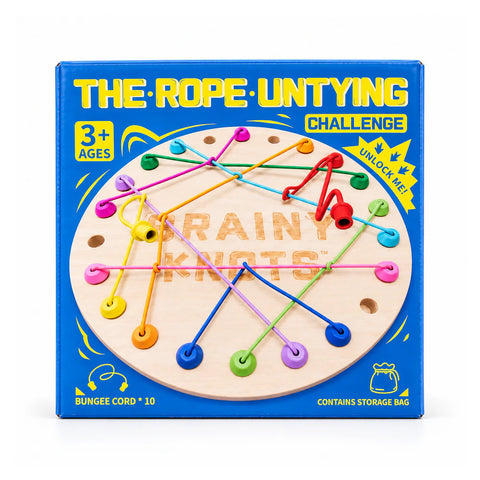The Rope Untying Challenge box, ages 3+, with coloured bungee cords knotted across a round wooden board, 10 cords and a storage bag
