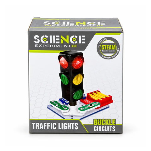 علبة طقم Science Experiment STEAM للإشارة Traffic Lights Buckle Circuits، عليها إشارة مرور شغالة على قاعدة دواير بتتركب